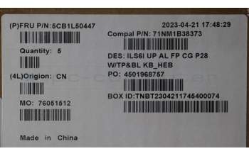 Lenovo 5CB1L50447 C-Abdeckung mit Tastatur, Hebräisch, Wolkengrau, Hintergrundbeleuchtung, Fingerabdruck