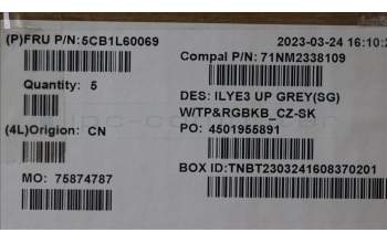 Lenovo 5CB1L60069 C-Abdeckung mit Tastatur, Tschechisch/Slowakisch, schiefergrau, Hintergrundbeleuchtung, GB