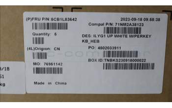 Lenovo 5CB1L83642 C-Cover with keyboard, Hebrew, White, RGB Backlight, US